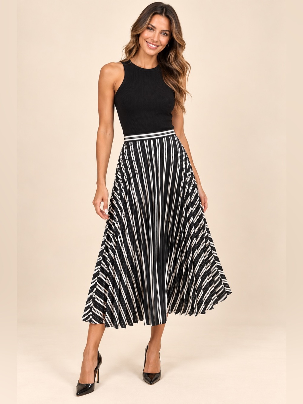Club Monaco Black and White Striped Pleated Stripped Midi Skirt Size 0